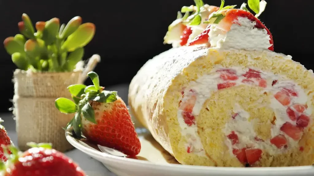 Biscuit roll with mascarpone cream and strawberries